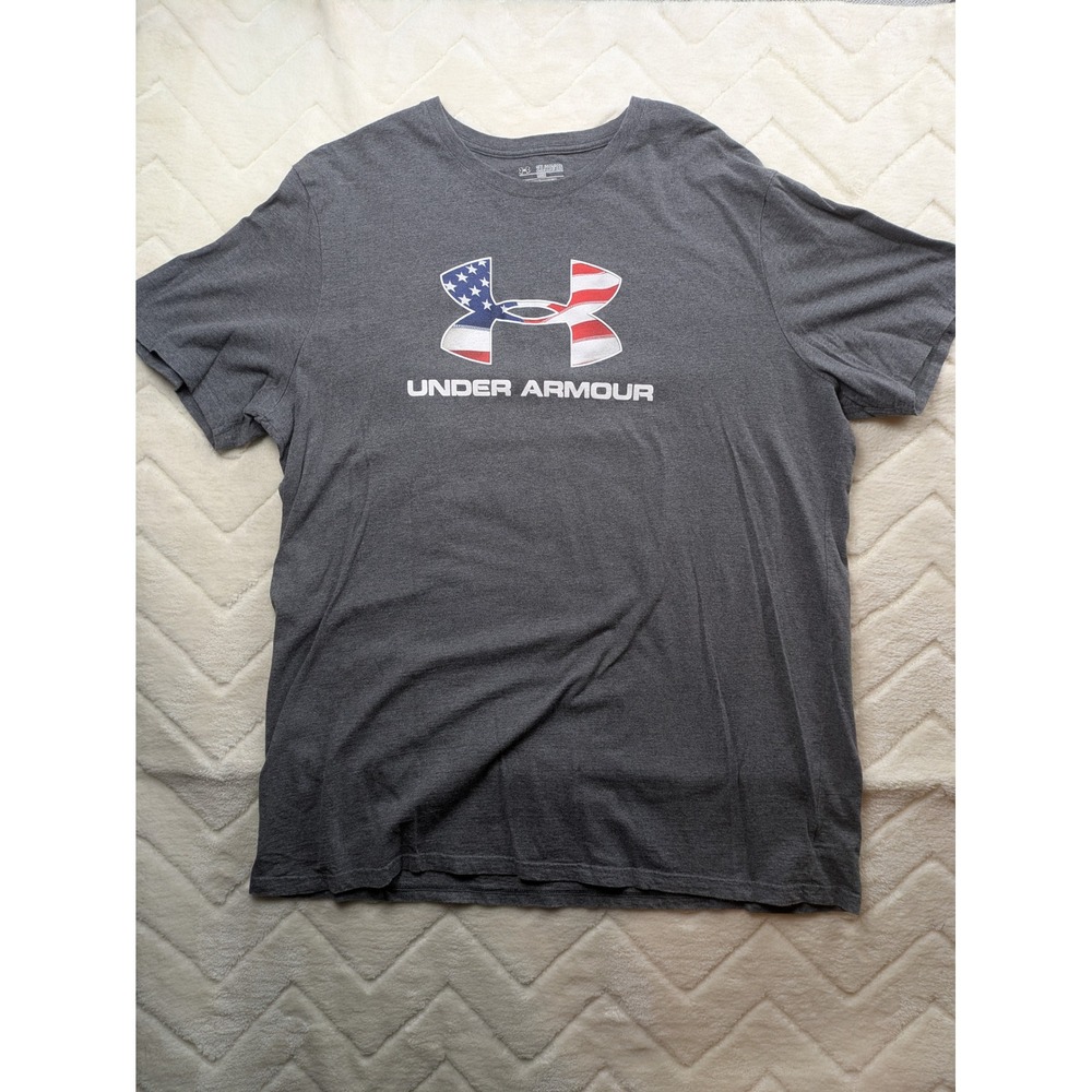 Under Armour Mens 2XL HeatGear American Flag Logo Graphic T-Shirt Gray Loose Fit